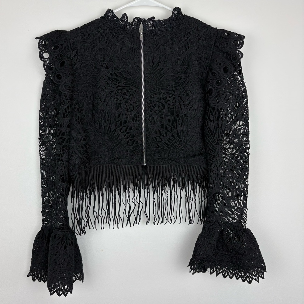 Beulah Black Crochet Fringe Long Sleeve Blouse size 6 zipper back boho festival - Picture 10 of 13